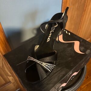 Nina Black Satin Heels with Rhinestone Bow